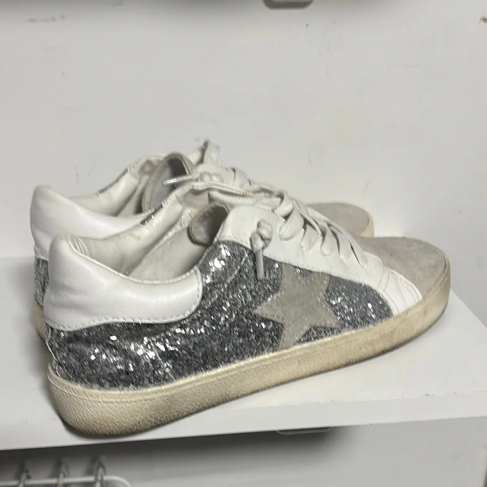 Madden Girl White and Gray Glitter Sneakers